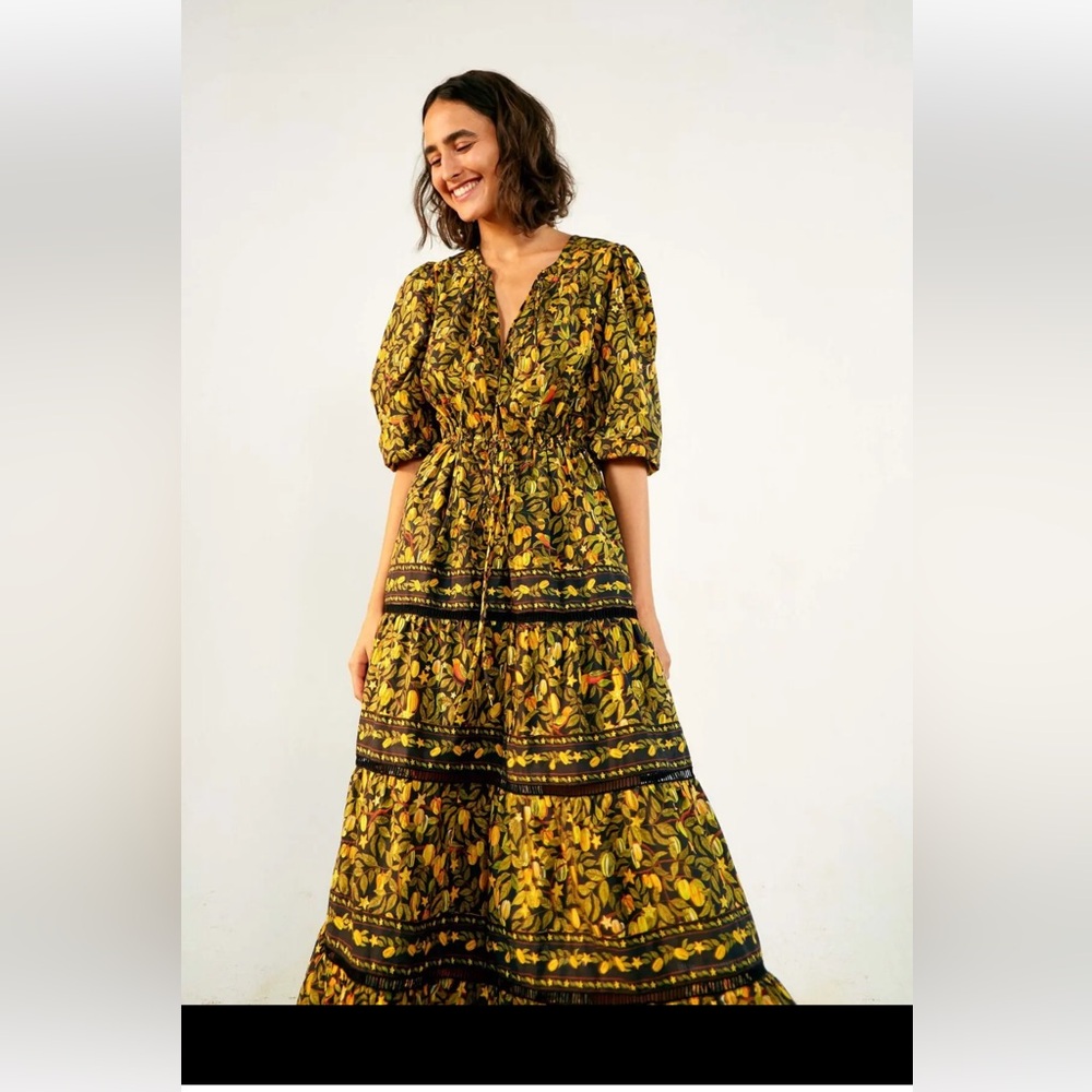 FARM Rio Starfruit Green and Yellow Floral Tiered Maxi Dress NWT size S